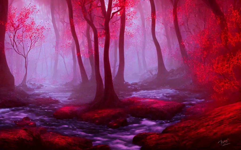 Image similar to gloomy sparse fairytale forest with a beautiful sparkling stream of glowing red water flowing through, visual novel key visual, award - winning digital art on pixiv, trending on artstation - cinematic lighting, dramatic lighting, stunning and beautiful scenery - highly detailed, hyperrealistic, unreal engine 5, in the style of kingdom hearts