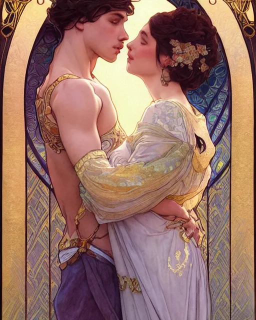 Image similar to the kiss | highly detailed | very intricate | art nouveau | gold filigree | romantic storybook fantasy | soft cinematic lighting | award - winning | watercolor illustration by mandy jurgens and alphonse mucha and alena aenami | pastel color palette | featured on artstation