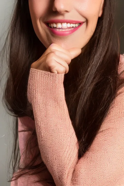 Prompt: olive skinned female model in her thirties, wearing pink v - neck sweater, focused on neck, photo realistic, extreme detail skin, natural beauty, straight teeth, no filter, slr, golden hour, 4 k, high definition, selfie