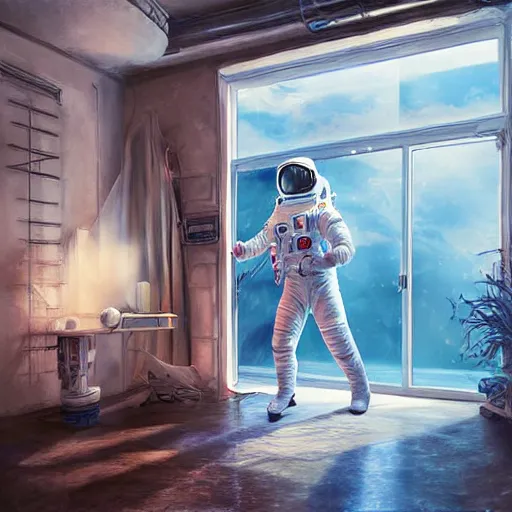 Image similar to astronaut enters the young woman's apartment, digital art, epic composition, highly detailed, cinematic lighting