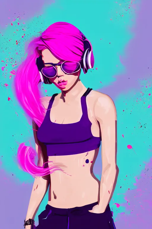 Image similar to a award winning half body portrait of a beautiful woman in a croptop and cargo pants with ombre purple pink teal hairstyle with head in motion and hair flying listenin to music on headphones by wlop, paint splatter, outrun, vaporware, shaded flat illustration, digital art, trending on artstation, highly detailed, fine detail, intricate