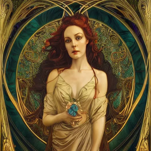 Prompt: an art nouveau painting in the style of donato giancola, and in the style of charlie bowater, and in the style of lulu chen. symmetry, smooth, sharp focus, semi - realism, intricate detail.