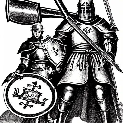 Image similar to of a dumb crusader knight that is the anti comunism crusader character, full plate, totally mad and yelling, shoutting using a megaphone, full plate, sword, shield, character sheet explaining his items and weapons,,