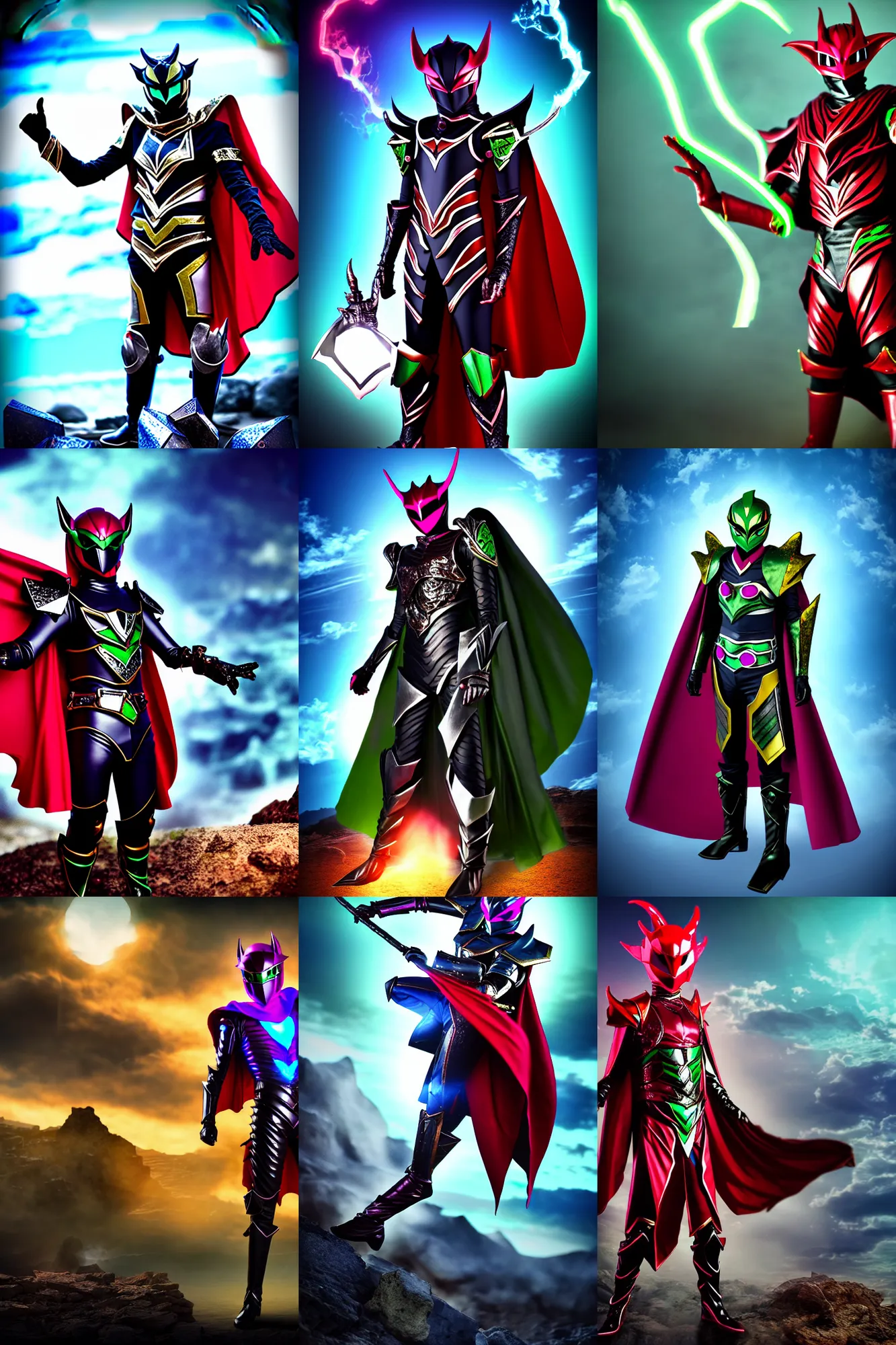 Prompt: High Fantasy Kamen Rider with a flowing cape, single character, full body, 4k, rock quarry location, vibrant colors, daytime, glowing eyes, rubber suit, fantasy inspired dragon armor, ultra realistic, high quality, cinematic, centered, cinematography