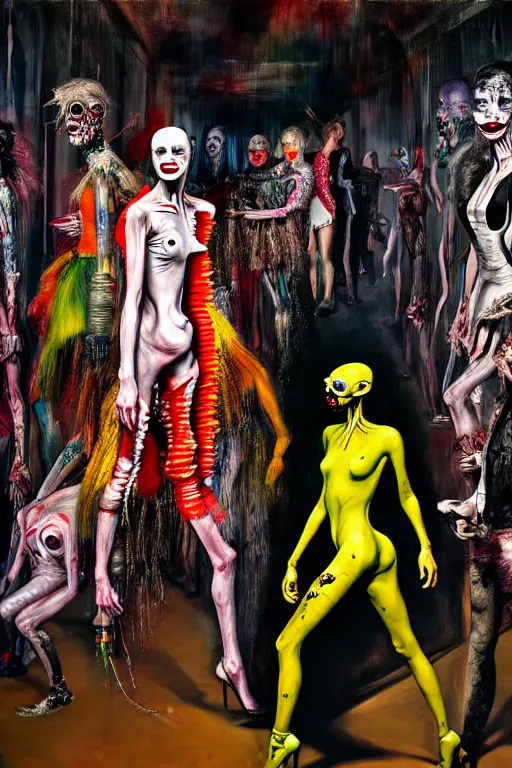 Image similar to crazy fashion catwalk, freak show, crazy clothes, biopunk style, horror, hauntingly surreal, highly detailed painting by francis bacon, edward hopper, adrian ghenie, gerhard richter, and james jean soft light 4 k,