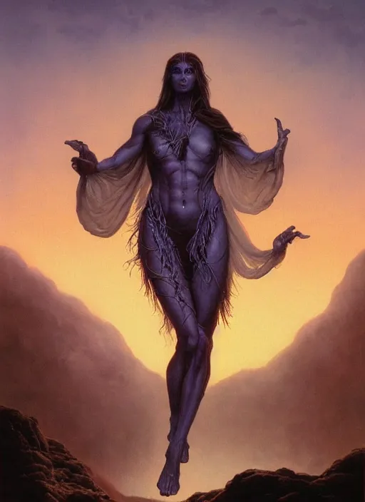 Prompt: biblical beautiful female digital druid, glowing veins, in clouds, sunset, portrait by wayne barlowe, by peter elson, muted colors, by frank frazetta, extreme detail, reflections, trending on artstation, 8 k