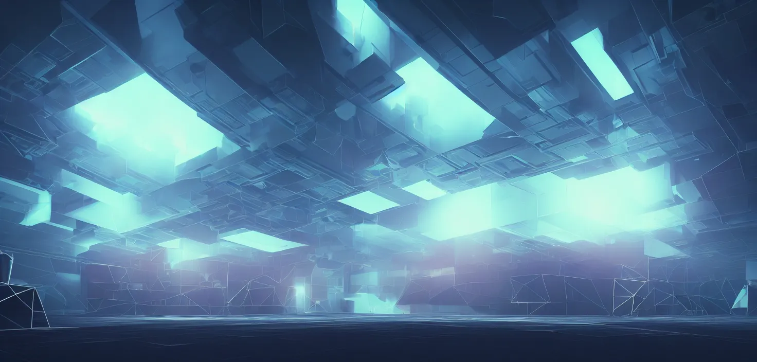 Image similar to abstract data center server, business technology blurred polygonal geometric space, hi tech digital interior, cinematic view, epic sky, detailed, concept art, low angle, high detail, warm lighting, volumetric, godrays, vivid, beautiful, trending on artstation, by jordan grimmer, huge scene, art greg rutkowski