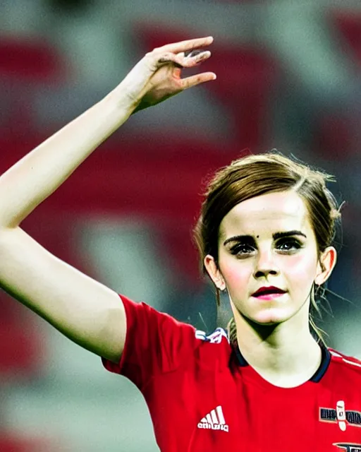 Image similar to a portrait of emma watson as a lokomotiv football player, hyper realistic