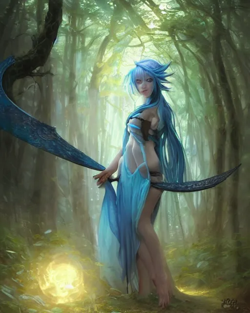 Image similar to stunningly beautiful female blue hair, cute korean actressr, antasy art, fae priestess, lush forest landscape, dark light night, sharp focus, digital painting, 8 k, concept art, art by wlop, artgerm, greg rutkowski and alphonse mucha