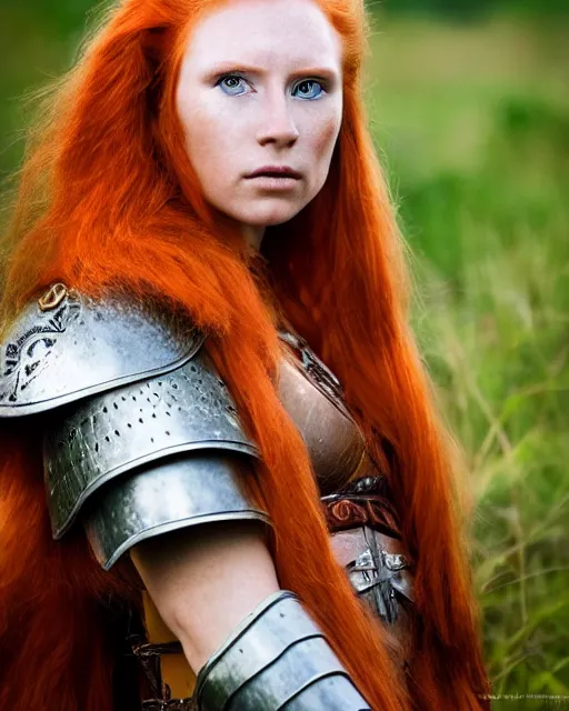 Image similar to north adult female warrior, red hair, ginger hair, long hair, fantasy, female Viking, high detailed, photography, cloudy, lightweight leather armour, Scandinavia, plain, detailed face, beautiful face, beautiful girl, look into the distance, professional model, glowing skin, serious face, full body,in full growth, professional photographer, masterpiece, 50 mm, 8k, 3D