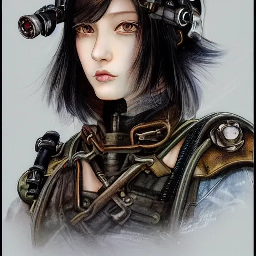 Image similar to portrait of a girl by ayami kojima, mixture between russian and japanese, she is about 2 0 years old, black bob hair, very tall and slender, she is wearing a steampunk tactical gear, highly detailed portrait, digital painting, artstation, concept art, smooth, sharp foccus ilustration, artstation hq