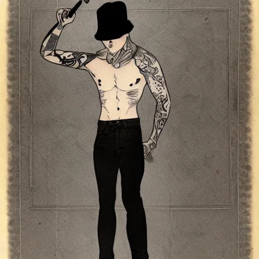 Image similar to skinny white male with american traditional tattoos, wearing black hat, action figure,