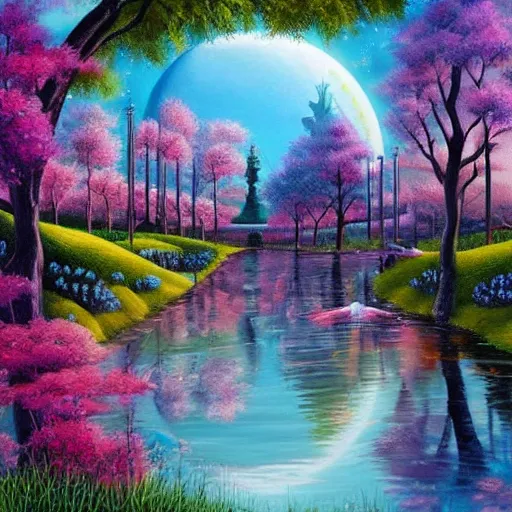 Image similar to Beautiful city of the future in harmony with nature. Nice colour scheme, soft warm colour. Beautiful detailed painting by Lurid. (2022)