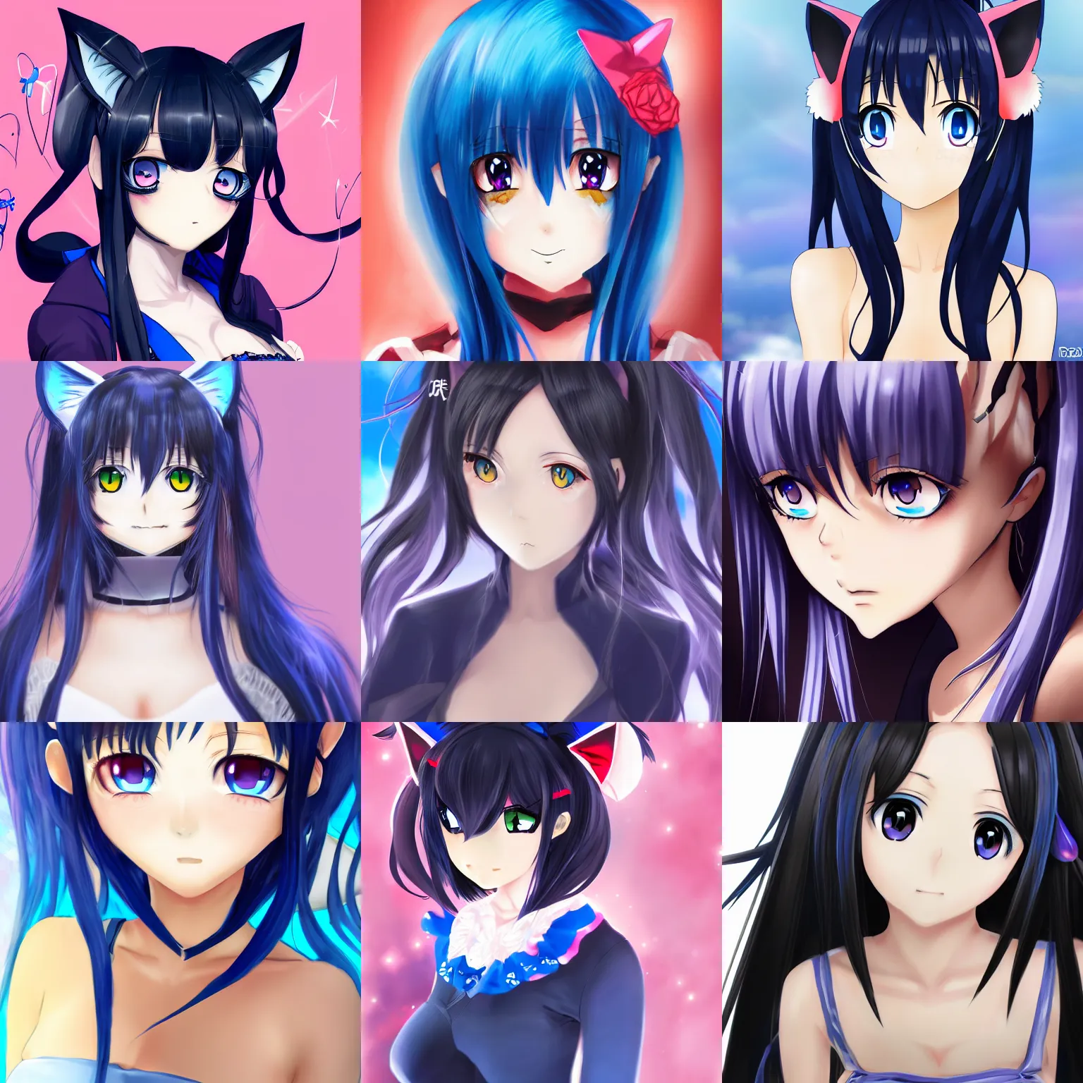 Prompt: A portrait of an anime catgirl with black hair and blue eyes, trending on pixiv, 4k