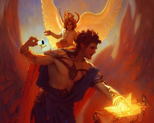 Image similar to attractive male deity, casting demonic magic, summoning handsome lucifer morning star. highly detailed painting by gaston bussiere, craig mullins, j. c. leyendecker 8 k