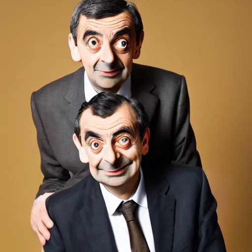 Prompt: A portrait mr bean teams up with a group photo of mr beans and a female Mr Bean, everyone has a Mr Bean face, perfect faces, 50 mm, award winning photography