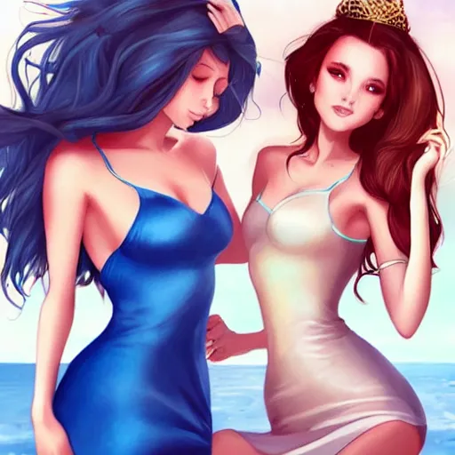 Image similar to two beautiful princesses in skintight satin minidresses on the beach drawn by artgerm and charlie bowater