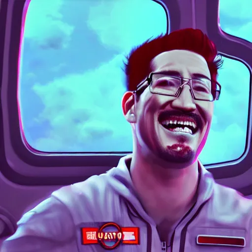 Prompt: Evil Markiplier looking out of the window of the International Space station with a smile on his face. Devilish markiplier unreal engine imagery with markiplier. Digital art from Nasa, trending on art station, created by beeple, complementary of the International Space Station.
