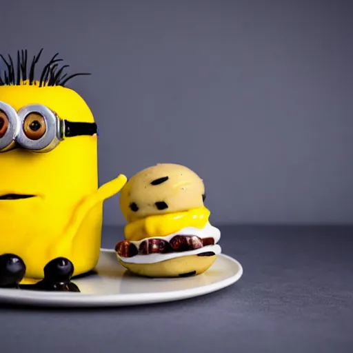 Prompt: an edible minion made out of cheez whiz, olives, and whipped cream, food photography