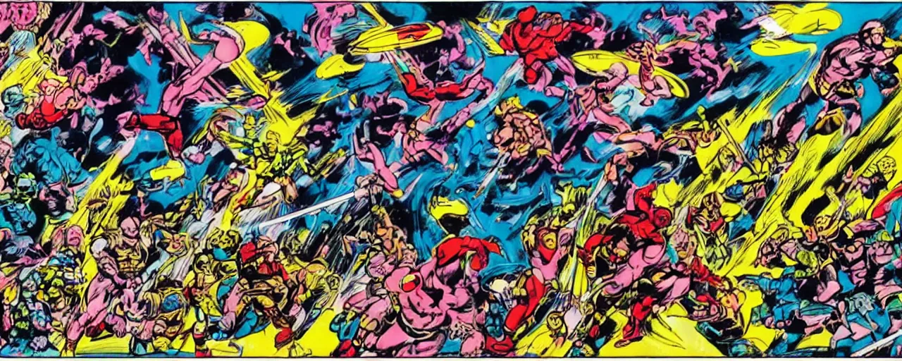 Image similar to jack kirby cosmic eternals epic scale, strong lines.