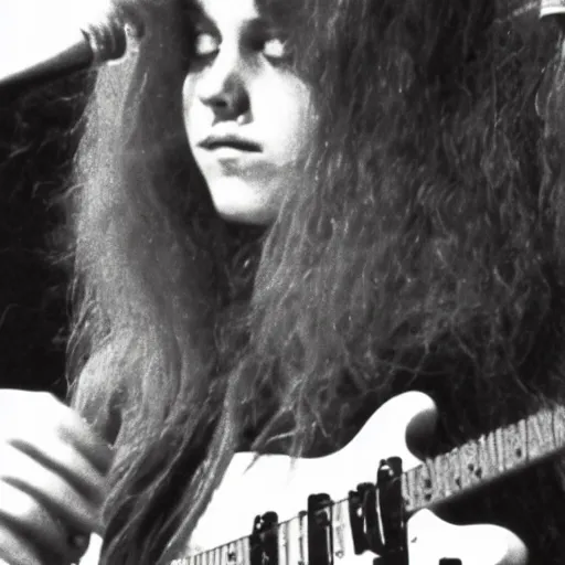 Prompt: 19-year-old girl, long shaggy red hair, playing electric guitar, stoner rock concert, live on stage, super 8mm, 1973