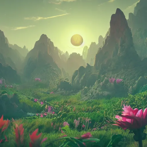 Image similar to an epic flowering alien landscape in the style of origami, 8 k, cinematic light, artstation