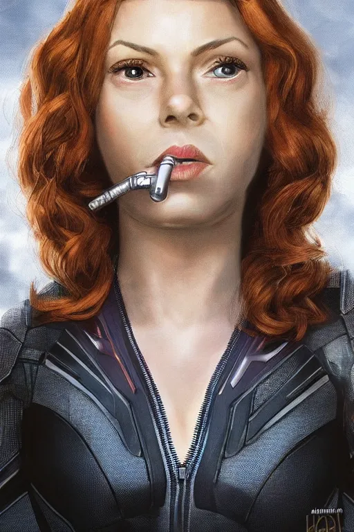 Prompt: annie edison from community as black widow in the avengers, portrait realistic photograph, very detailed face
