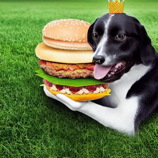 Image similar to a dog eating a big mac while wearing a burger king crown, award winning photography