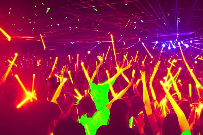 Image similar to crowd partying with their hands up at a club, volumetric lighting, glow sticks, haze, moving heads light beams, spot lights, disco ball, silhouette, digital art, trending on artstation, 4k, unreal engine, intricate, ornate