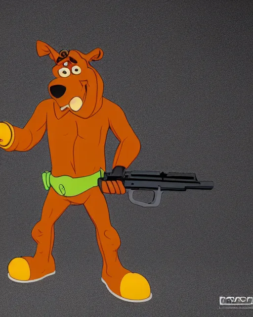 Image similar to Scooby Doo holding a gun, studio lighting, white background, blender, trending on artstation, 8k, highly detailed