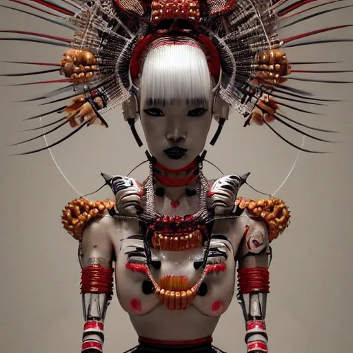 Image similar to japanese cyborg geishas in a ceremony with extremely detailed headdress, inspired by die antwoord beautiful, hand painted textures, cloth physics, deviantart, karol bak, masamune shirow, black and white, beautiful kawaii lighting, photorealistic, concept art, perfect render, 3 d render, pixar, 8 k