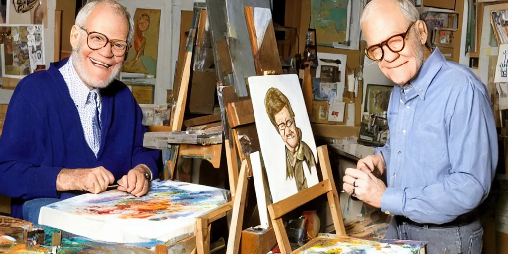 Image similar to david letterman, stands at a his easel, painting calvert grant deforest, aka larry bud melman