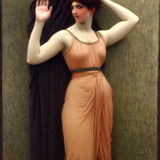 Prompt: Hello there! in the style of Thomas Cooper Gotch, John William Godward, Edgard Maxence, 1895, oil on canvas