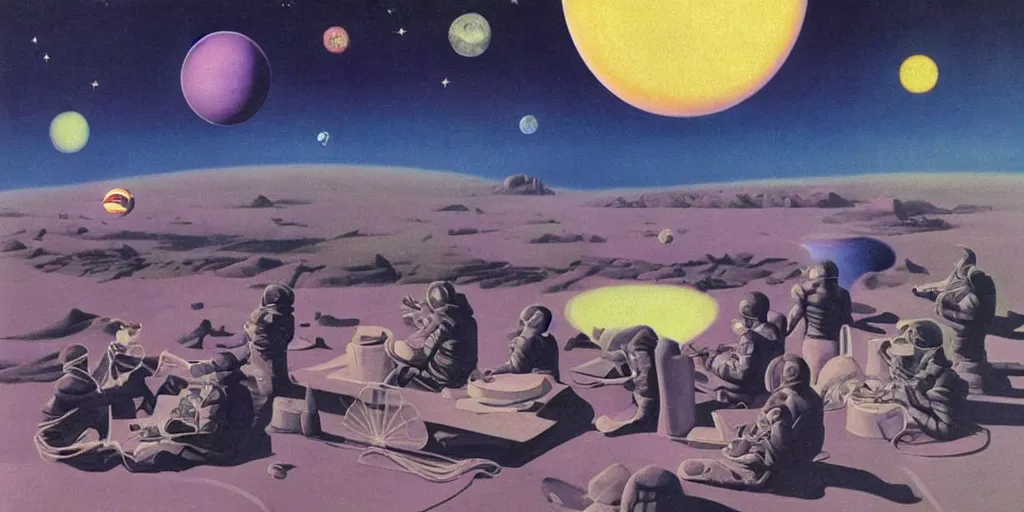 Prompt: surreal painting by chesley bonestell!!, twelve astronauts sitting by the river with a big holiday cake + psychedelic vegetation + purple, pink, blue + planets and stars + mystical fog, vintage sci - fi style of the 5 0 s, rule of the third!!!!, line graphics, 8 k, super detail, high quality