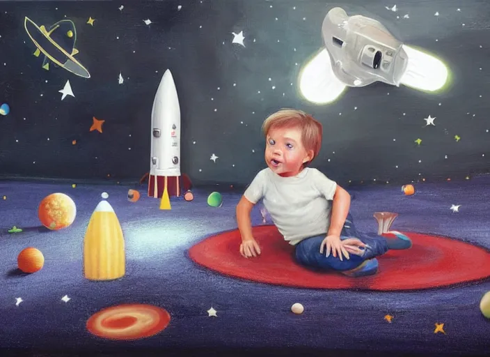 Image similar to toddler elon musk sittingon a shaggy rug playing with his shiny space rockets, realistic painting, beautiful soft lighting, istvan sandorfi