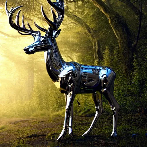 Image similar to chrome stag made of corvette parts in a lush forest :: moody, ornate, dynamic, particulate, intricate, elegant, highly detailed, centered, artstation, smooth, sharp focus, octane render