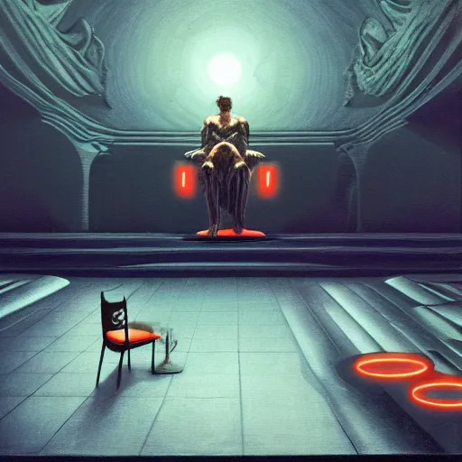 Prompt: dark god sit on the tron, surreal, night, death, fear, 4 k resolution, caravaggio, hyperrealism, detailed and intricate environment