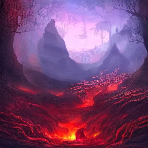 Image similar to a beautiful landscape with a huge teleport to the underworld the underworld is fire and shadow the background is beautiful nature but the background in the shadow world is all fire and monsters digital painting art