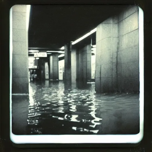 Prompt: flooded subway entrance, dark, liminal space, eerie, old polaroid,