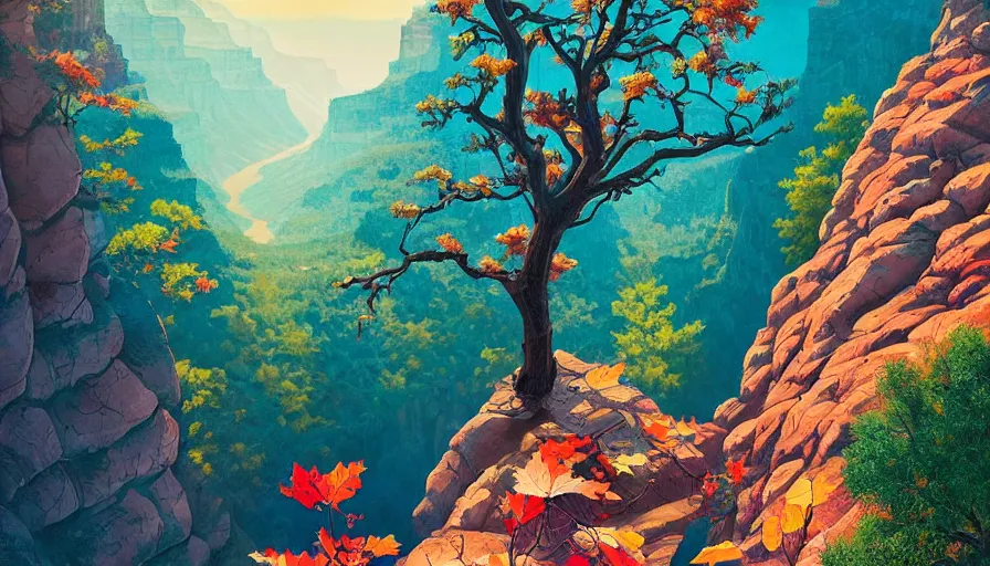 Image similar to single red maple tree growing in grand canyon, stream, tristan eaton, victo ngai, artgerm, rhads, ross draws, highly detailed, masterpiece