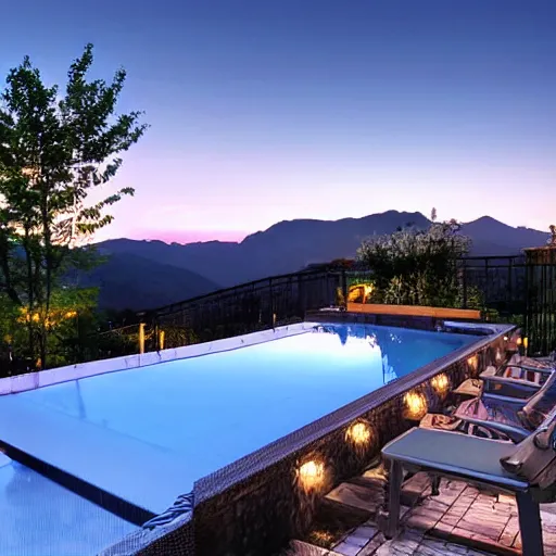 Prompt: patio with beautiful multi - level pool overlooking mountains at sunset