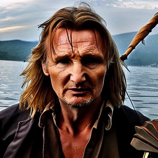 Prompt: Liam Neeson in pirate suit in a boat