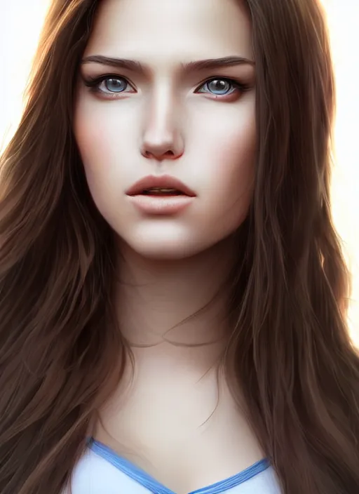 Image similar to full body portrait of a beautiful young woman, photorealistic, hair down to waist, in the style of Kevin Kostic, Stephen Lau and artgerm, hyper sharp focus, 8k highly detailed