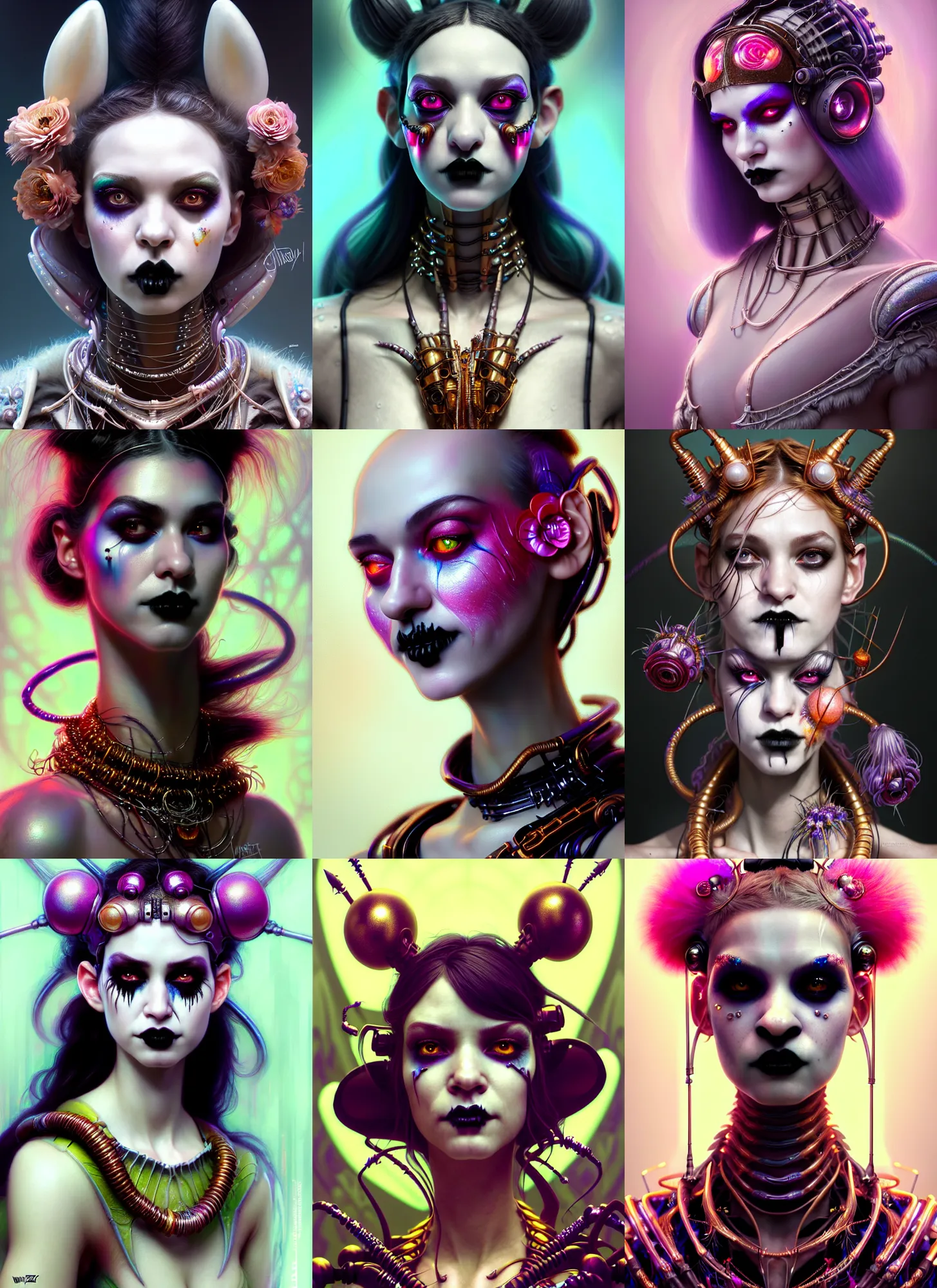 Prompt: disney weta portrait, soft lustrous biotech raver white goth clowncore cyborg, floral bling, hi - fructose, sci - fi fantasy cyberpunk intricate decadent highly - detailed digital painting, octane render, artstation, concept art, smooth, sharp focus, illustration, art by artgerm, mucha, loish, wlop, pixar, boutinela