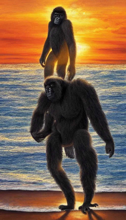 Prompt: Romanticism painting of a fuzzy gorilla on the beach, golden hour, dramatic lighting, volumetric lighting, intricately detailed, canvas print