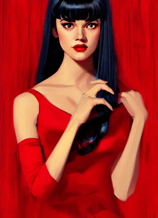 Image similar to portrait of veronica lodge with bangs, 1 9 6 0 s, long hair, red clothes, bangs, intricate, elegant, glowing lights, highly detailed, digital painting, artstation, concept art, smooth, sharp focus, illustration, art by wlop, mars ravelo and greg rutkowski