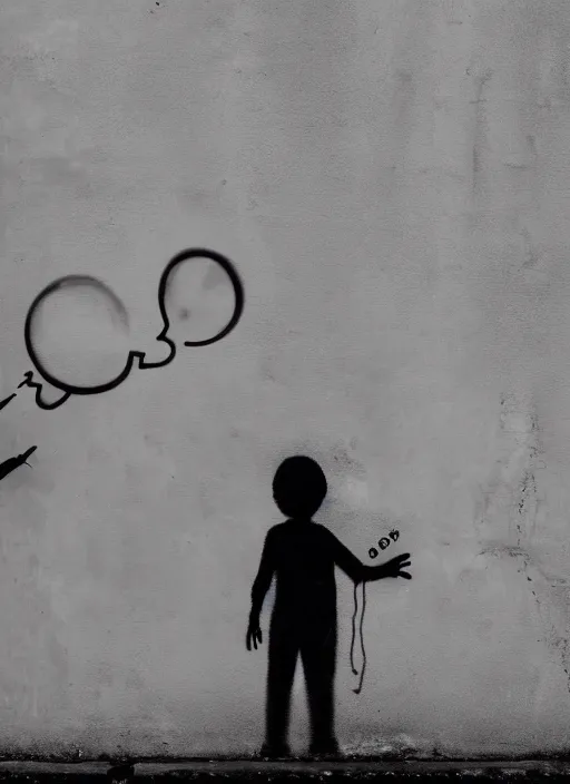Prompt: a side profile of a black and white graffiti of boy holding a single graffitied blue balloon on a concrete background in the style of Banksy, graffiti, digital art