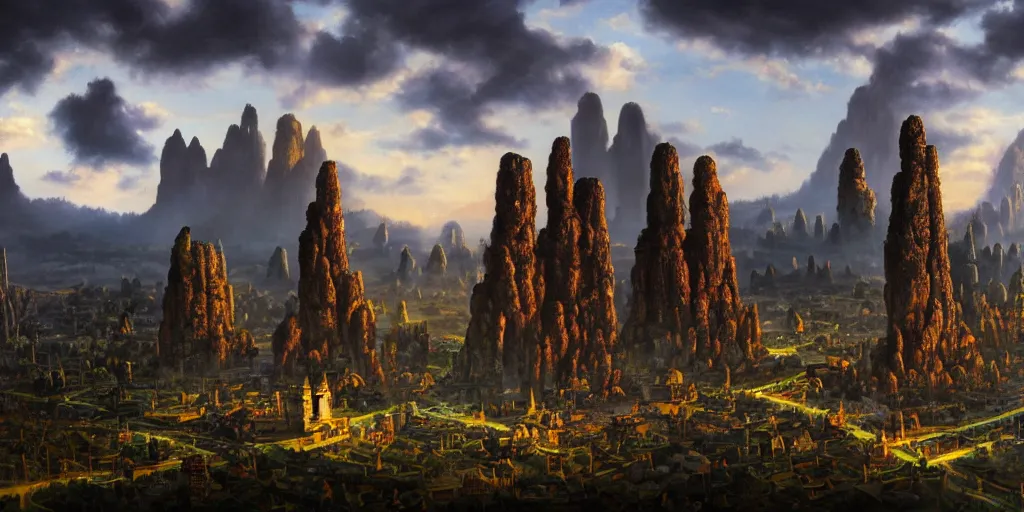 Image similar to fantasy oil painting, megalithic city of laos, fantasy, buildings, colossal, gate, looming, small buildings, warm lighting, street view, daytime, silhouetted figure standing overlooking the port city, epic, distant mountains, bright clouds, luminous sky, cinematic lighting, michael cheval, michael whelan, artstation, oil painting, vray, 8 k hd