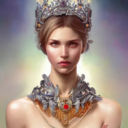 Image similar to portrait of a grey alien aristocrat wearing jewelry, a tiara, diamonds, confident, pretty, intricate, headshot, highly detailed, digital painting, artstation, concept art, sharp focus, cinematic lighting, illustration, art by artgerm and greg rutkowski, alphonse mucha, cgsociety