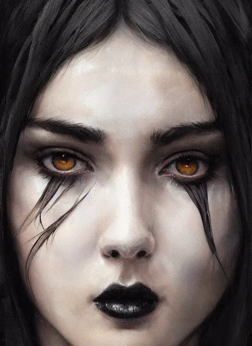 Prompt: a teenage girl with very short black hair and a huge cloak made of grey and black feathers. beautiful highly detailed face. beautiful painting by artgerm and greg rutkowski and raymond swanland, portrait